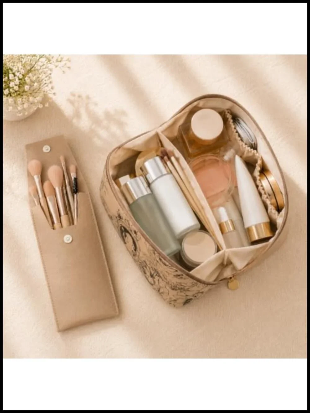 Large Capacity Waterproof PU Leather Travel Makeup Bag with Brush Pouch